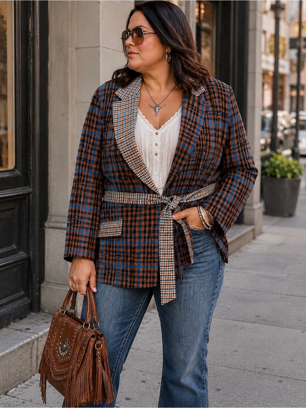 Future Collective Plaid Belted Blazer 1X Brown Blue Houndstooth Western Boho